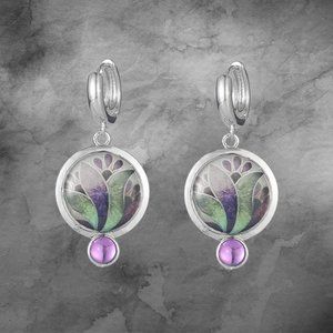 Round Geometric Drop Earrings - Silver Tone Dangle Purple Fashion Jewelry
